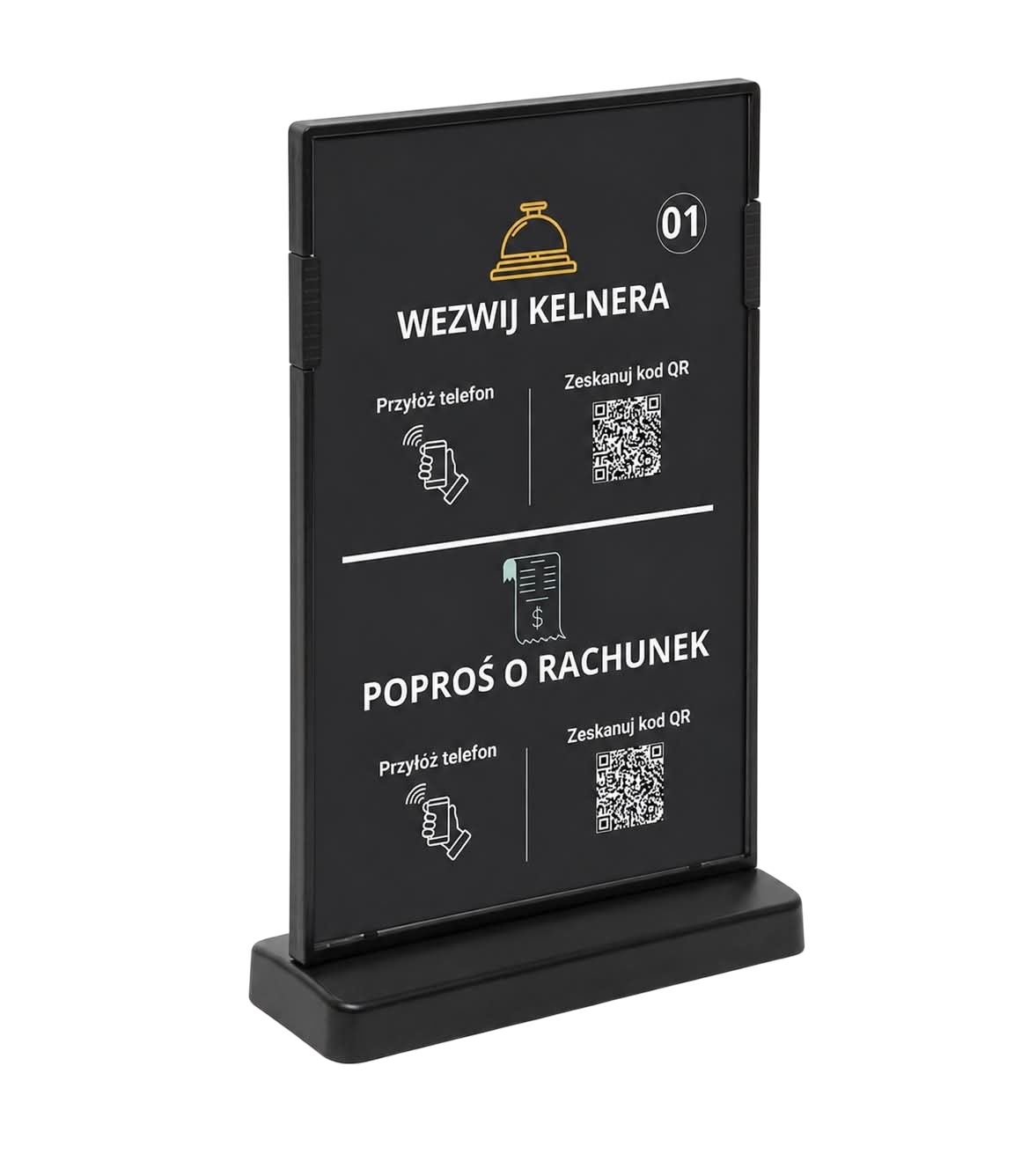 Stojak TapTable — front z NFC i kodem QR do wezwania kelnera